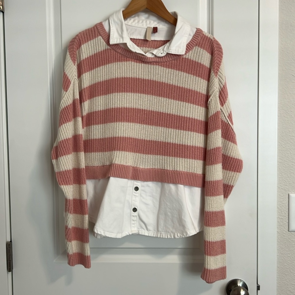 Pink & white mixed media sweater 🩷🤍🩷